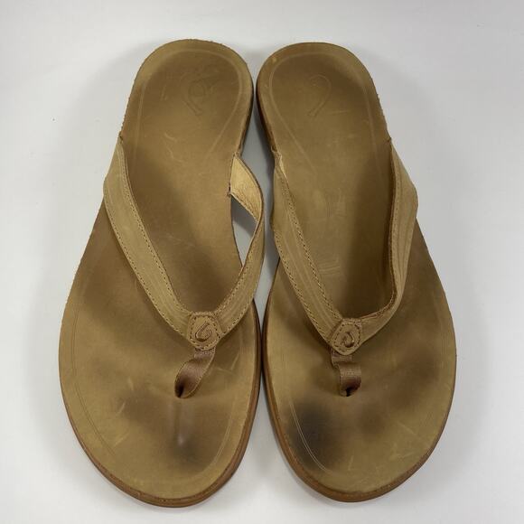 Olukai Aukai Leather Flip Flops Womens Size 10 Brown Tan Sandals Hawaiian Beach - Picture 3 of 9